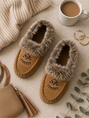 Canadian® Faux Fur Trim Suede Slippers -Chestnut Brown Size 6